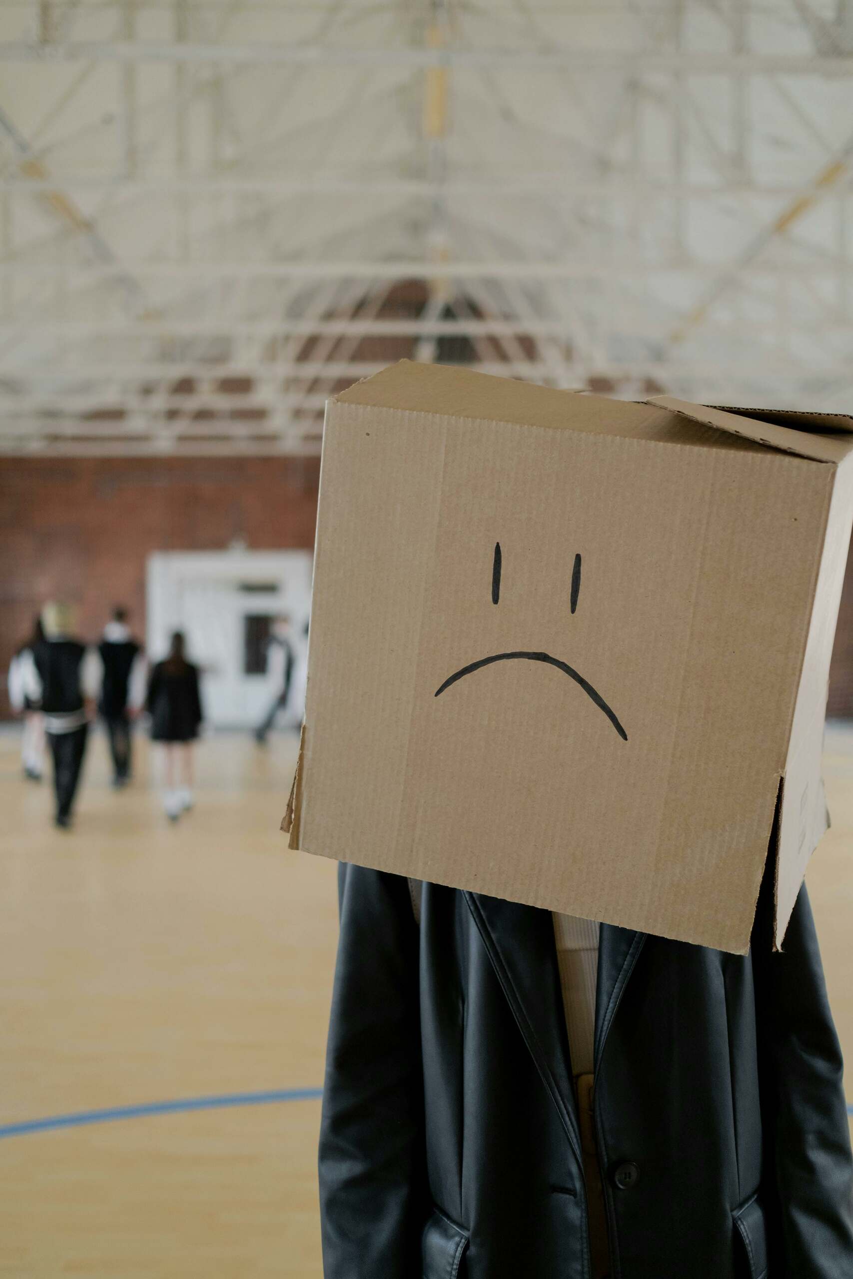 Person with a cardboard box over their head with a sad face on it